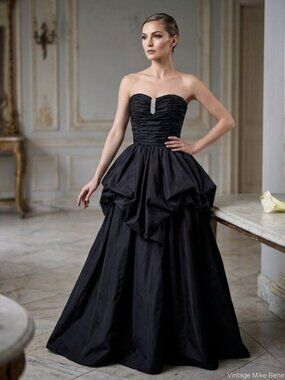VINTAGE Mike Benet Formals Black Strapless Ball Gown Rhinestone & Peplum 0 XS